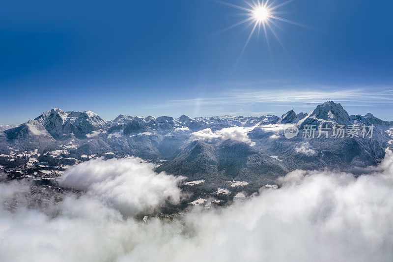 Aerial panorama of Berchtesgaden mountains with Watzmann, Hoher Göll and Hochkalter